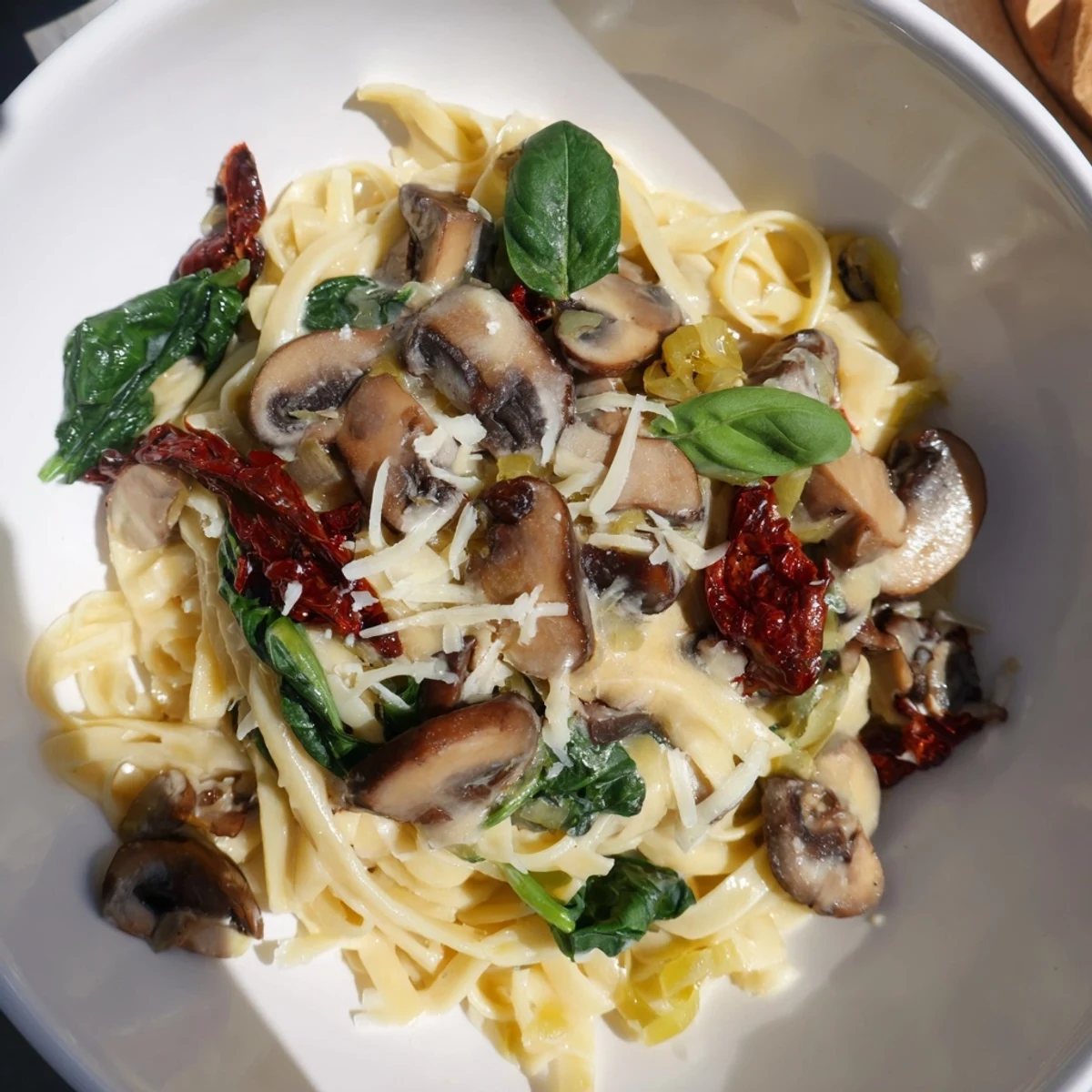 A close-up of the creamy Tuscan mushroom pasta skillet with wilted spinach and sun-dried tomatoes.