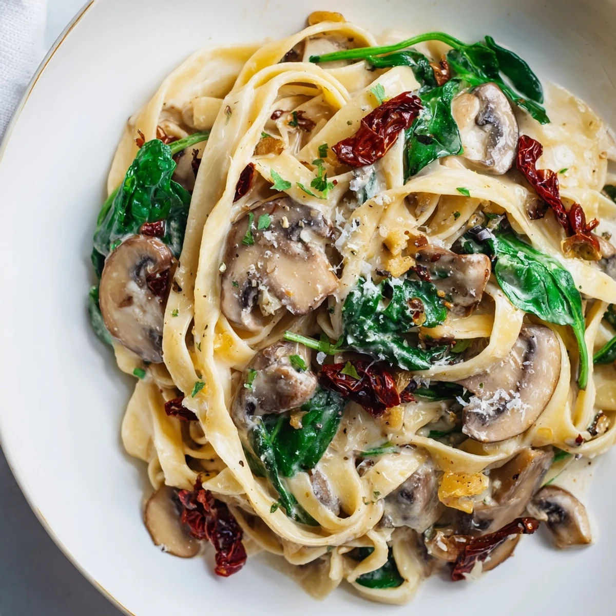 One-pan Creamy Tuscan mushroom pasta skillet served with crusty bread for a comforting vegetarian dinner.