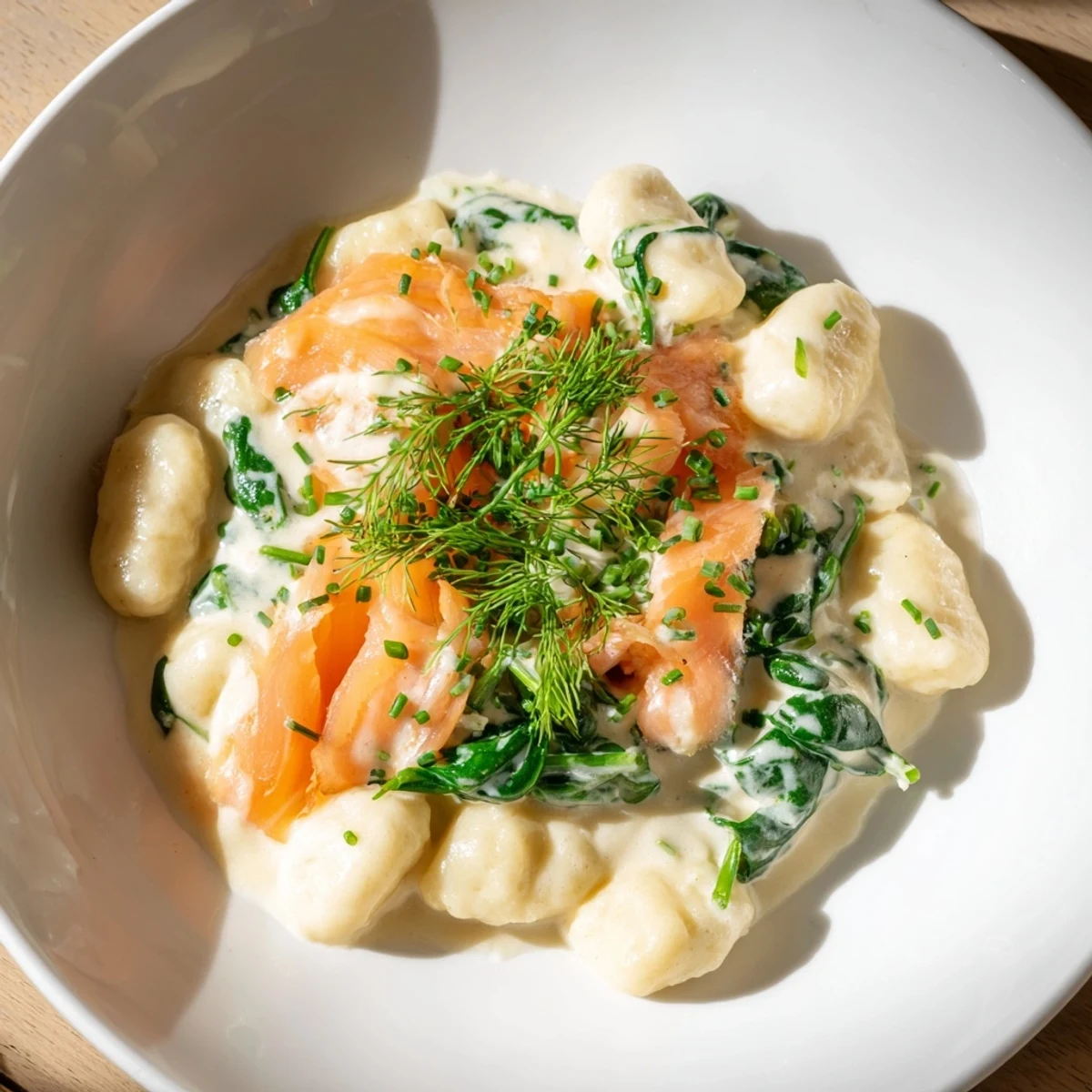 Creamy Healthy Smoked Salmon Gnocchi with fresh dill and spinach on a white plate with lemon wedges.