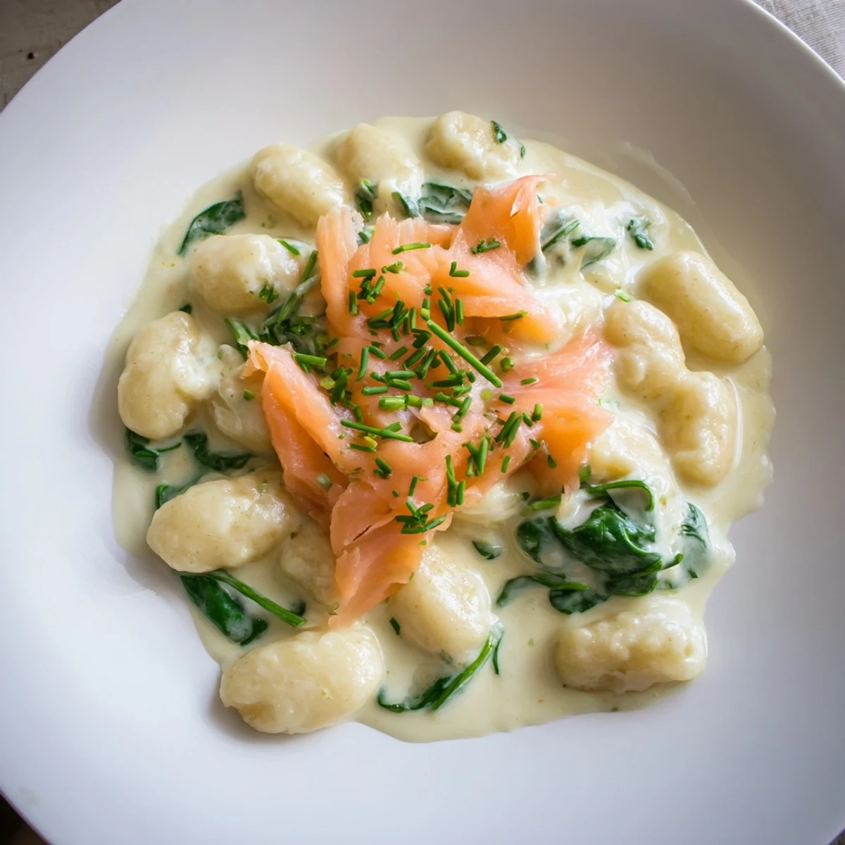 A close-up of Healthy Smoked Salmon Gnocchi tossed in a light sauce with silky salmon pieces and herbs.