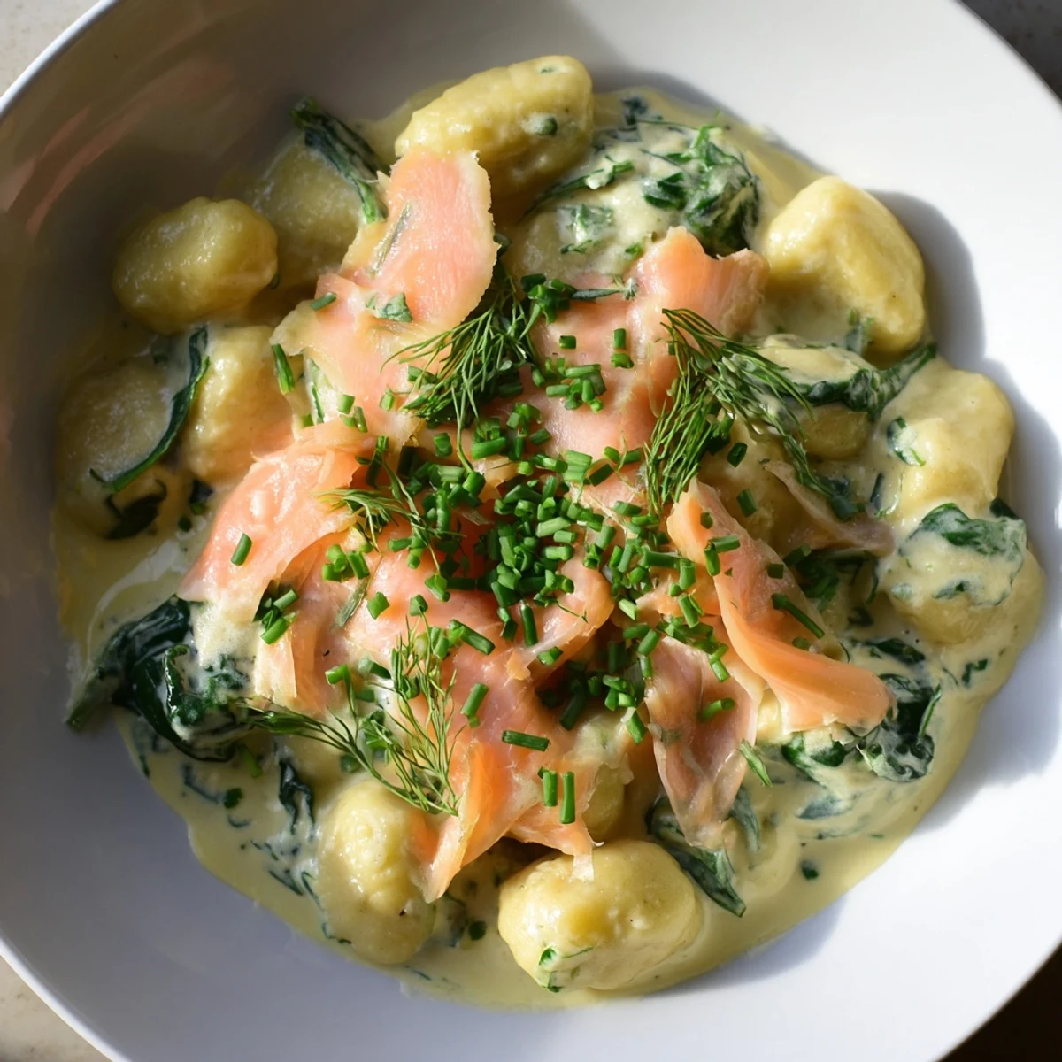 Healthy Smoked Salmon Gnocchi plated with vibrant greens and a garnish of chives, ready for a weeknight dinner.