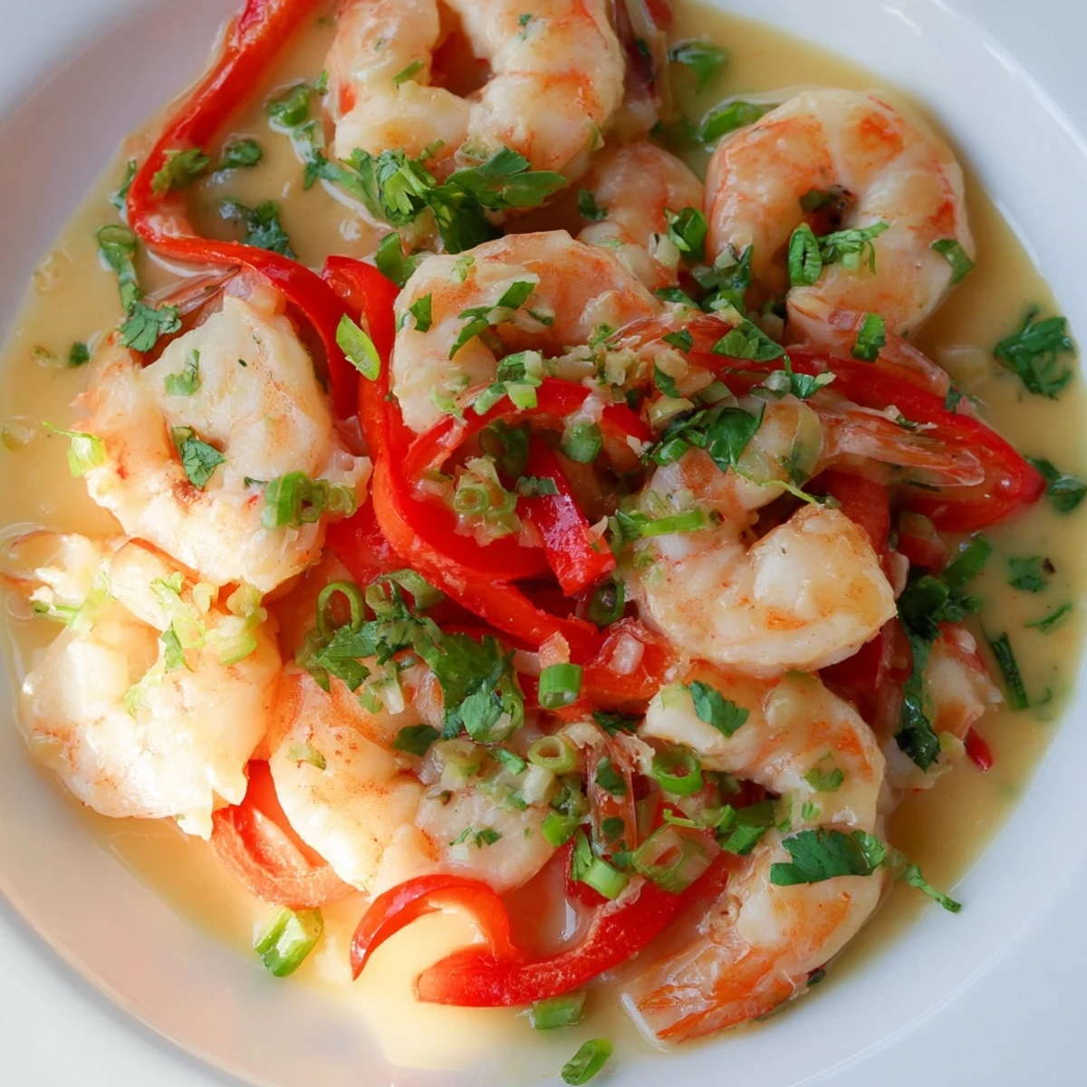 Creamy Garlic Shrimp in Coconut Milk simmering in a skillet, garnished with fresh cilantro and served alongside fluffy white rice for a weeknight dinner.