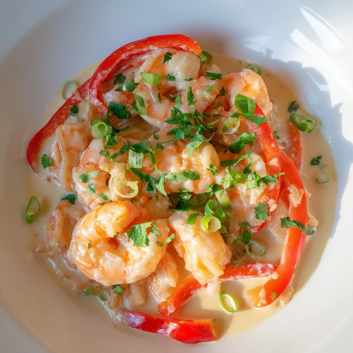 Juicy Garlic Shrimp in Coconut Milk in a rich, aromatic sauce with bell peppers and onions, finished with green onions and a lime wedge on the side.