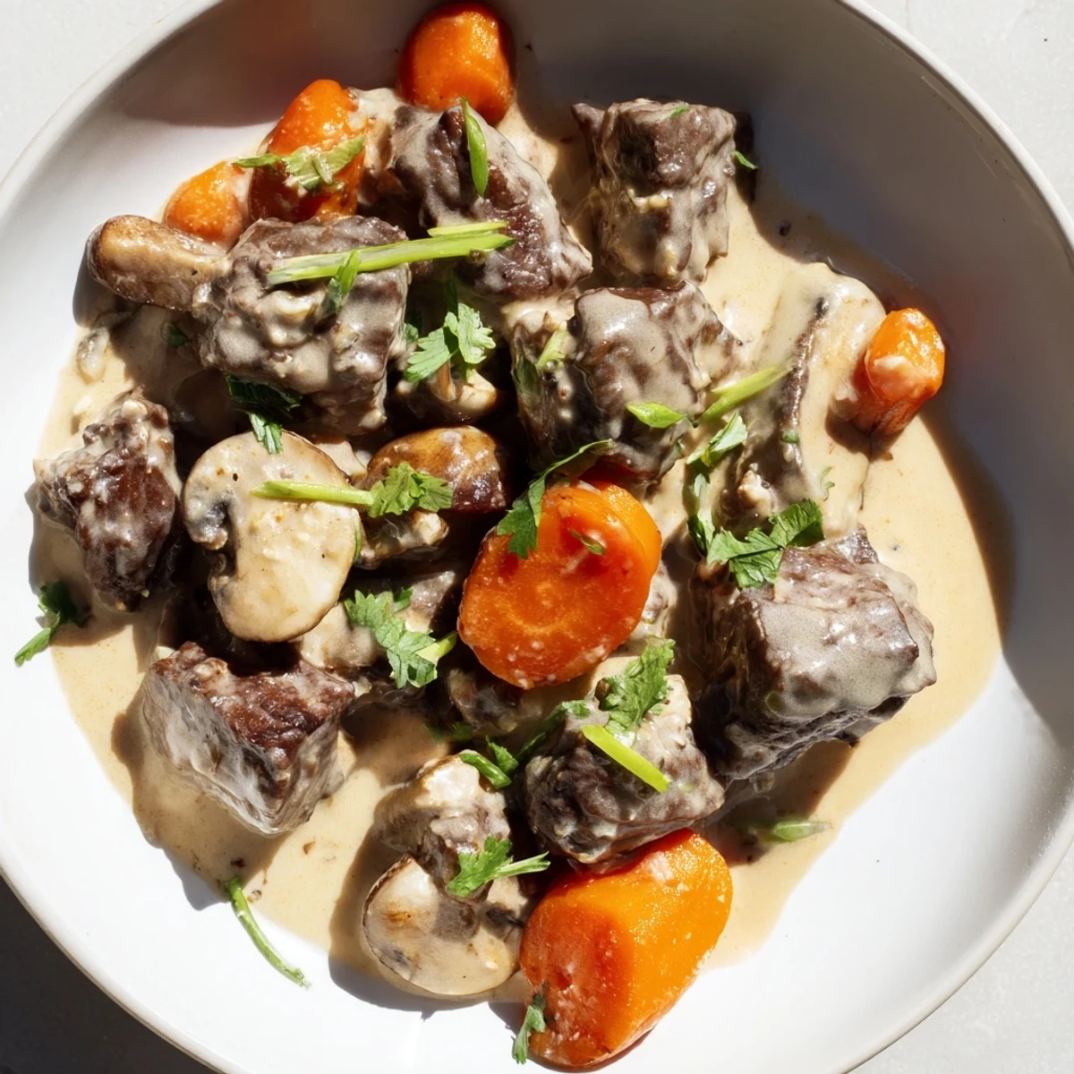 Tender Lemongrass Coconut Braised Beef with Mushrooms in a creamy, aromatic sauce, served steaming in a rustic bowl.