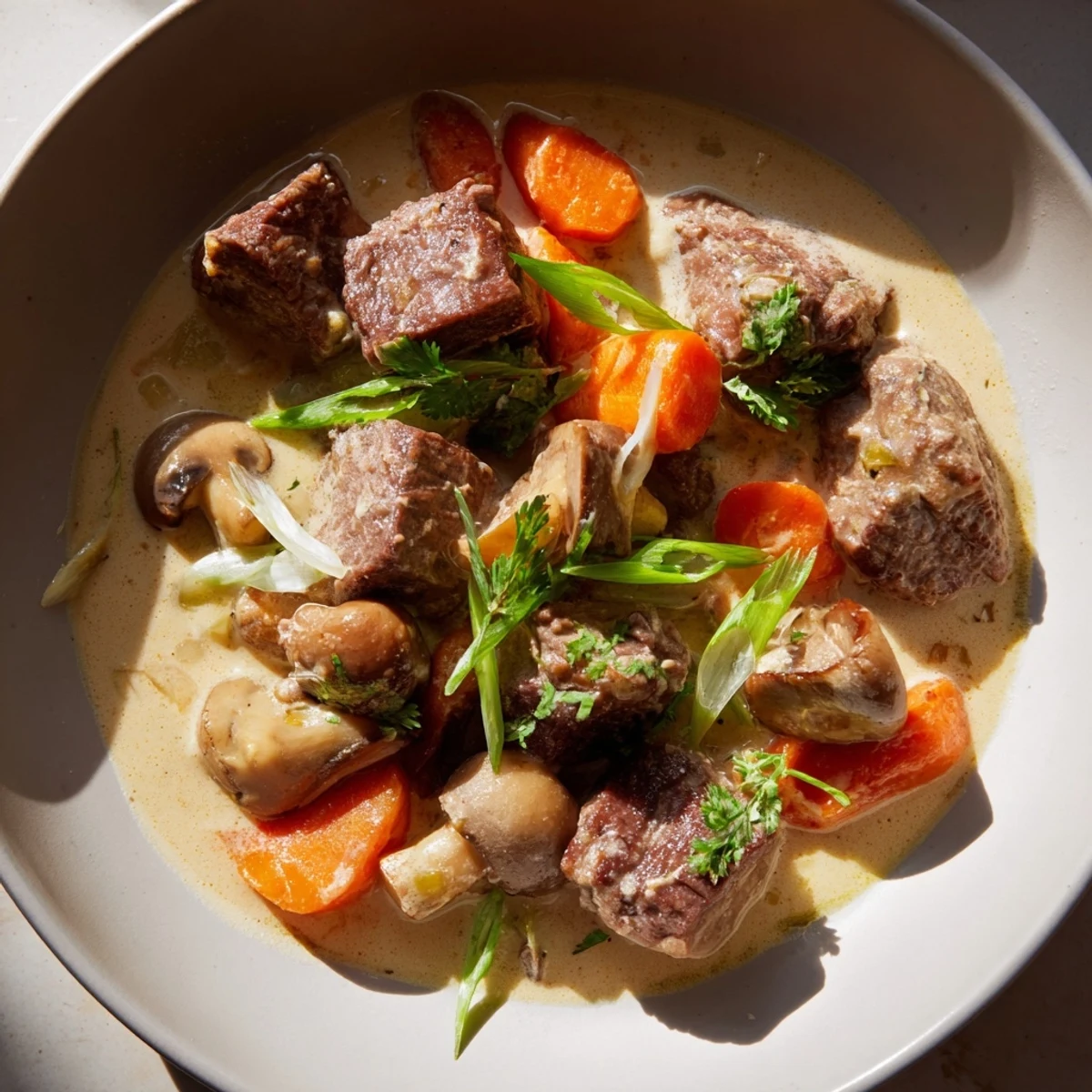 Sizzling beef cubes for Lemongrass Coconut Braised Beef with Mushrooms, with lemongrass and coconut milk simmering in a Dutch oven.