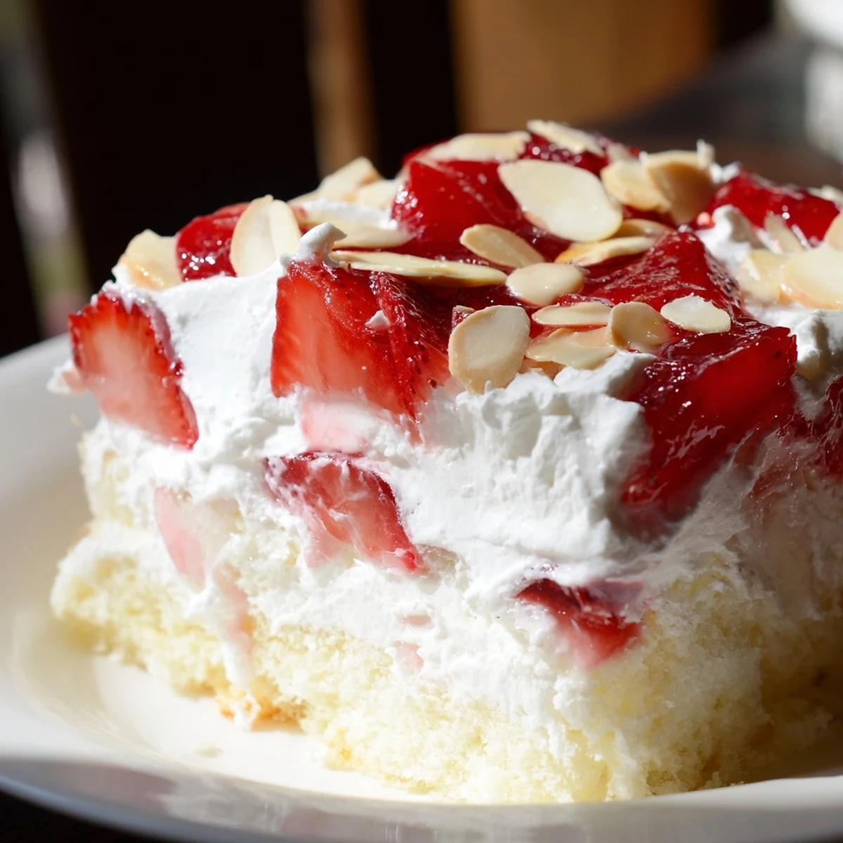 Heaven on Earth Cake layered with angel food cake cubes, vanilla pudding, and bright strawberry filling in a glass trifle dish.