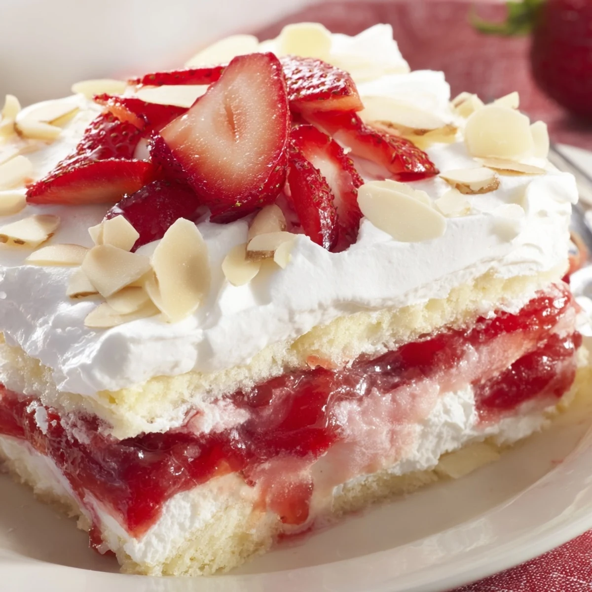 Creamy Heaven on Earth Cake served chilled in slices with whipped topping and fresh strawberries, ideal for a summer party.
