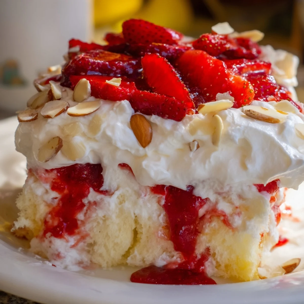 A close-up of Heaven on Earth Cake revealing soft cake layers and rich strawberry filling, garnished with sliced almonds.