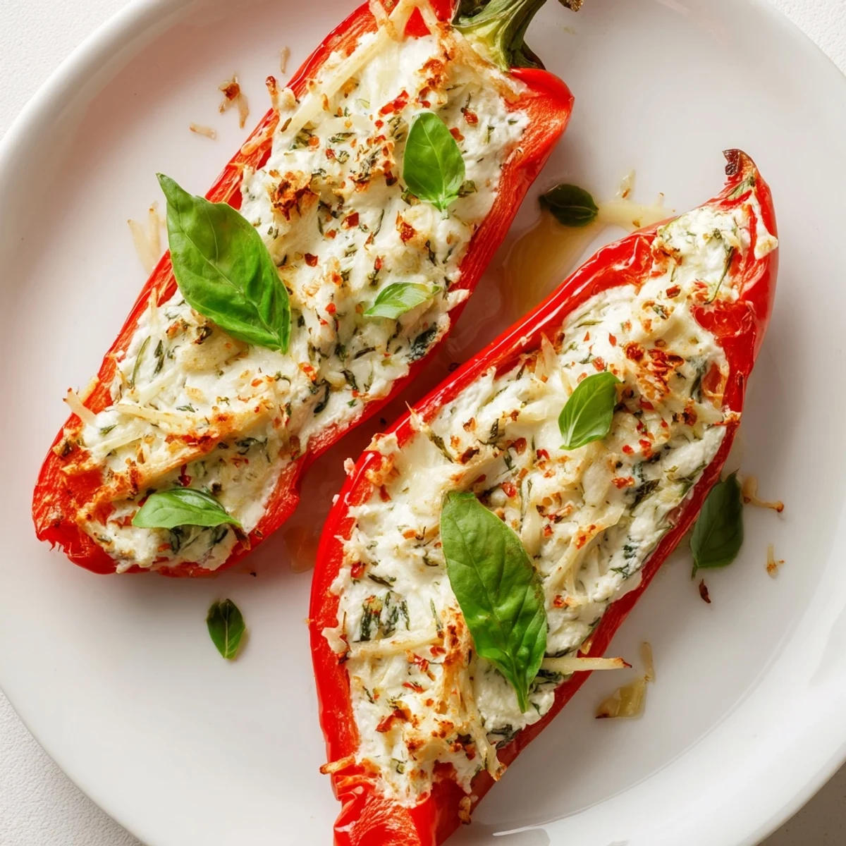 Vibrant roasted bell pepper halves stuffed with creamy ricotta and herbs, baked until golden and served hot.