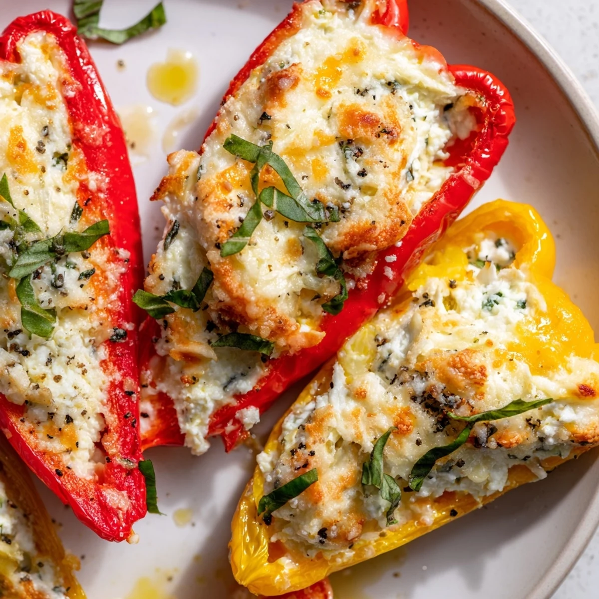 Golden baked Ricotta Stuffed Peppers in red and yellow peppers garnished with fresh basil on a marble surface.
