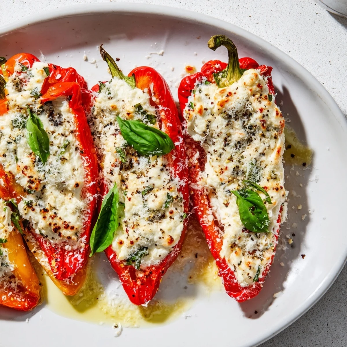 Ricotta Stuffed Peppers shine with golden cheese tops and tender peppers on a warm ceramic baking dish.