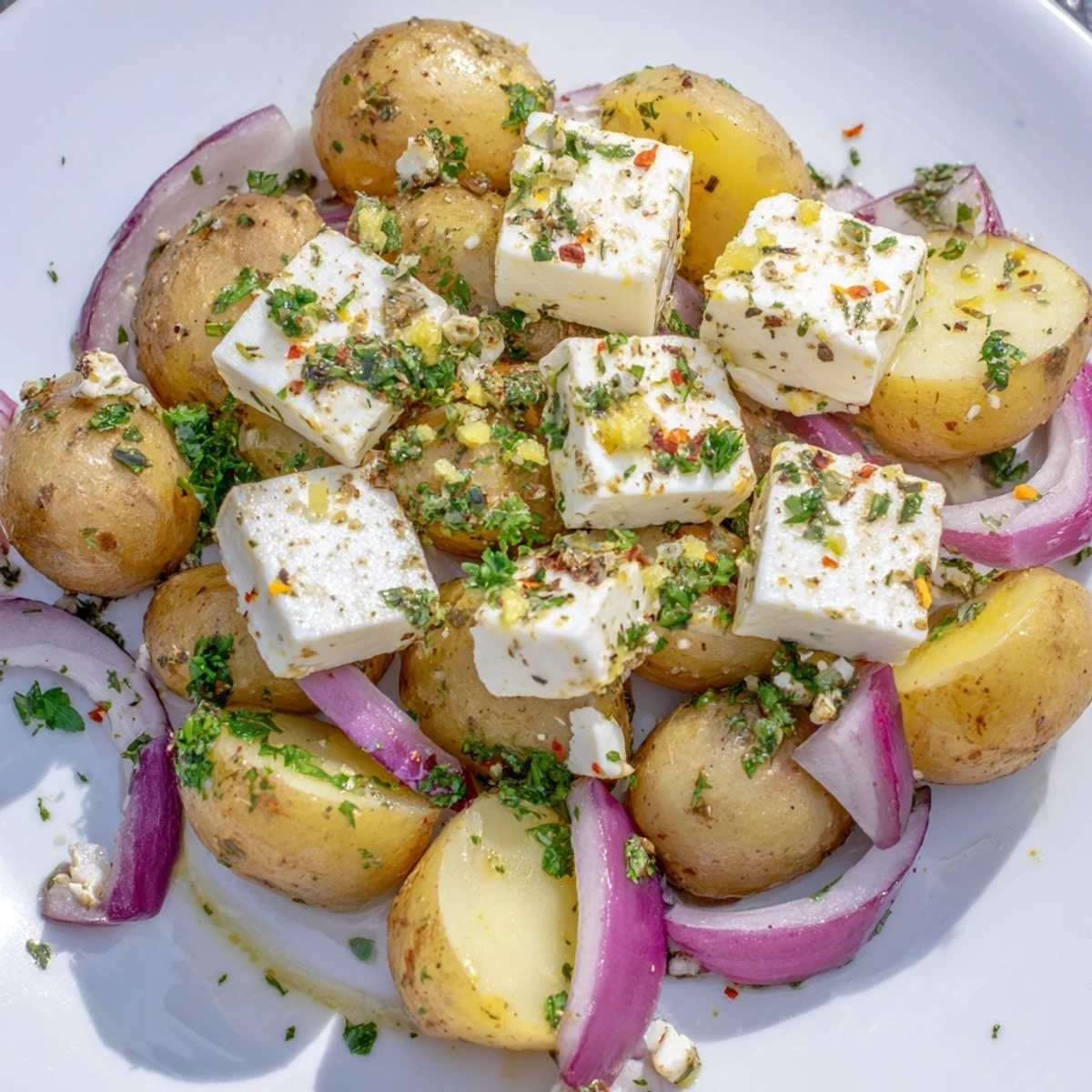 Golden roasted baby potatoes topped with tangy feta cheese and fresh parsley, drizzled with lemon juice for a bright Mediterranean side dish.