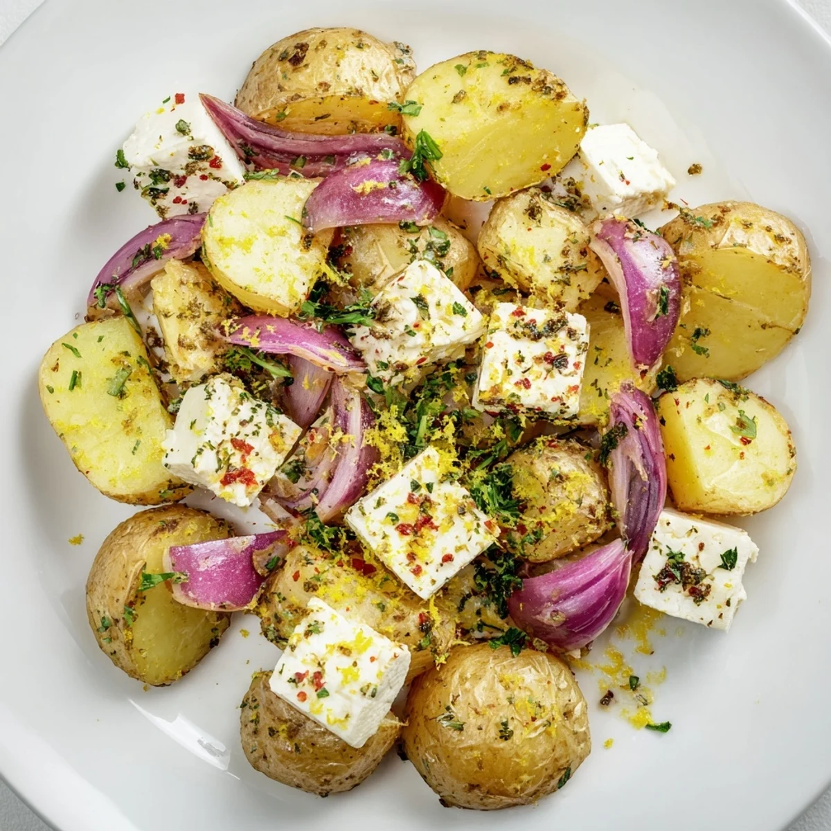 Crisp baked potatoes with melted feta, fresh herbs, and zesty lemon in a warm serving dish, perfect for a vegetarian dinner side.