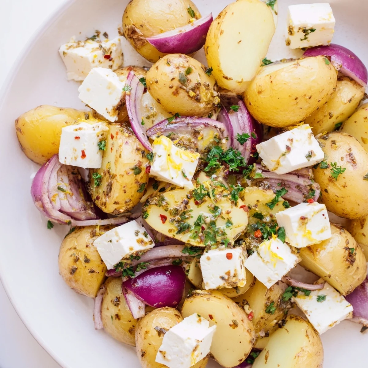 Roasted baby potatoes with onion wedges and feta cheese cubes, garnished with parsley and lemon zest, fresh from the oven.