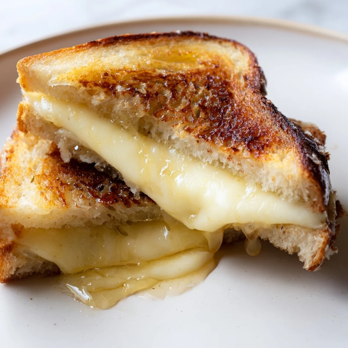 Golden-brown sourdough grilled cheese stuffed with cheddar, mozzarella, and Gruyère, finished with a sweet honey drizzle on a plate.