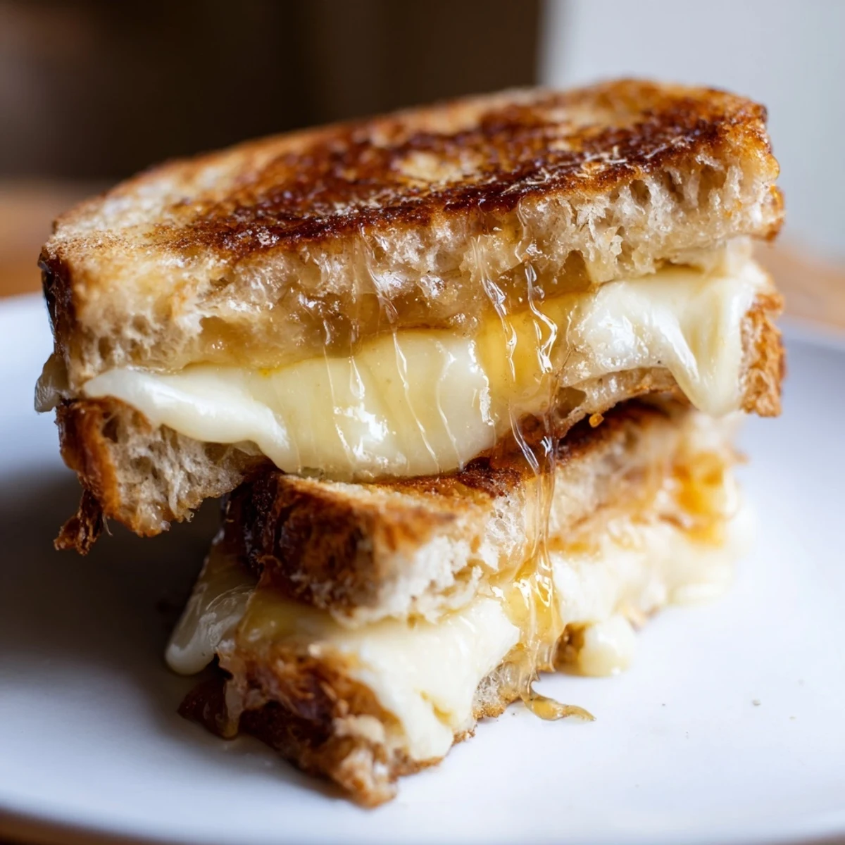 A close-up of a cheesy grilled cheese with honey, showing melted cheese oozing from buttery toasted bread on a rustic board.
