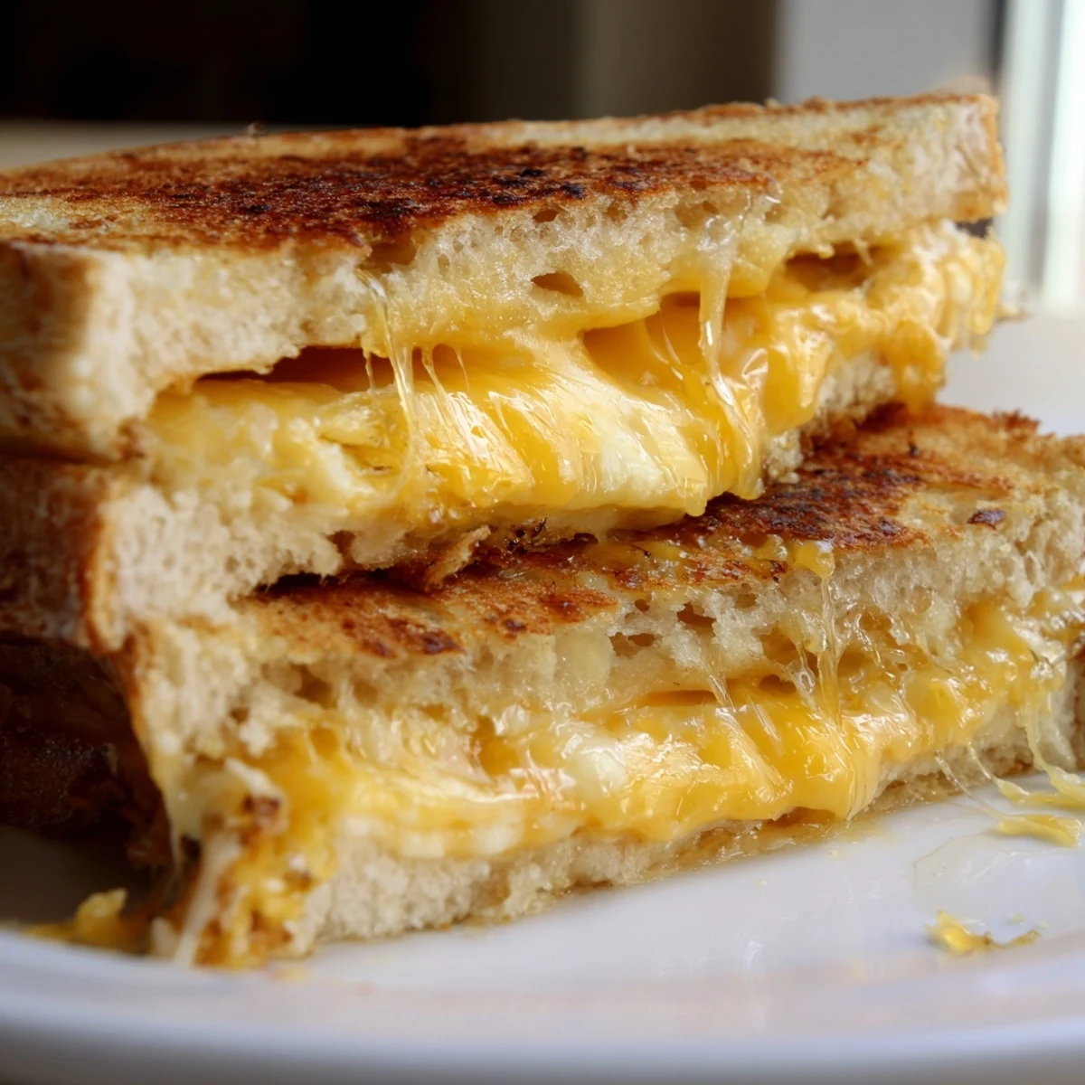 A beautifully presented honey grilled cheese sandwich cut in half, revealing layers of gooey cheese and served beside a small honey dip.