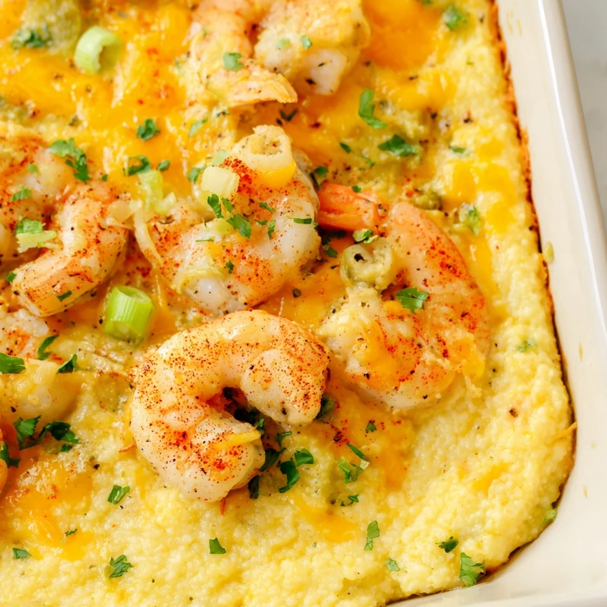 A serving of Easy Shrimp & Grits Casserole features bubbling golden cheese atop a creamy, warm base.