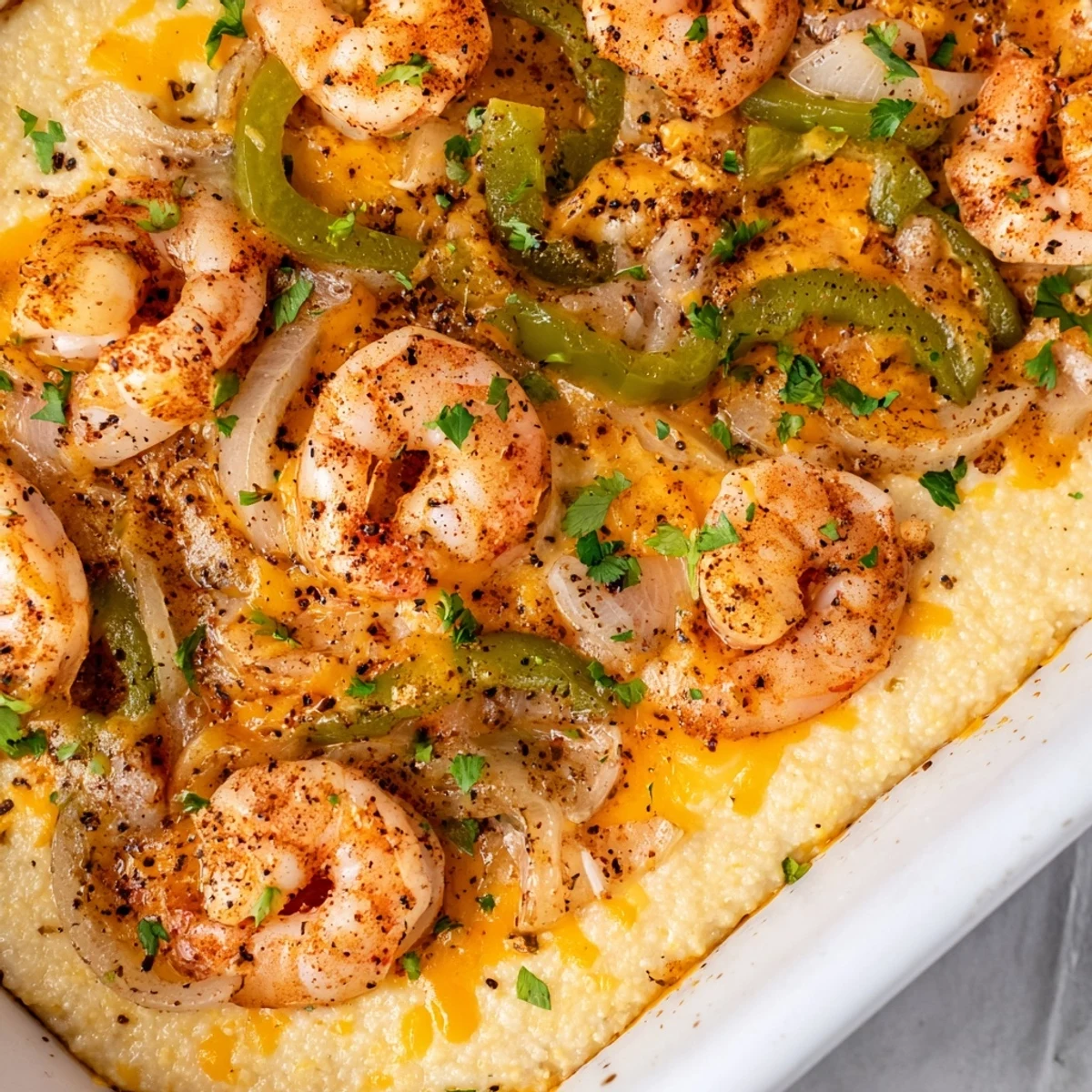 Close-up of Easy Shrimp & Grits Casserole with tender shrimp and sautéed peppers peeking through melted cheese.