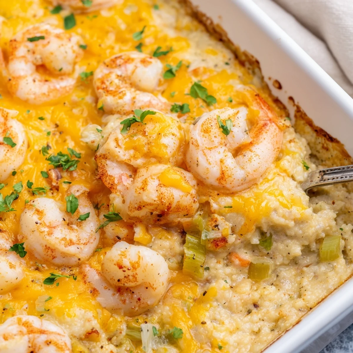 Bubbling Easy Shrimp & Grits Casserole fresh from the oven, garnished with bright green chopped parsley.