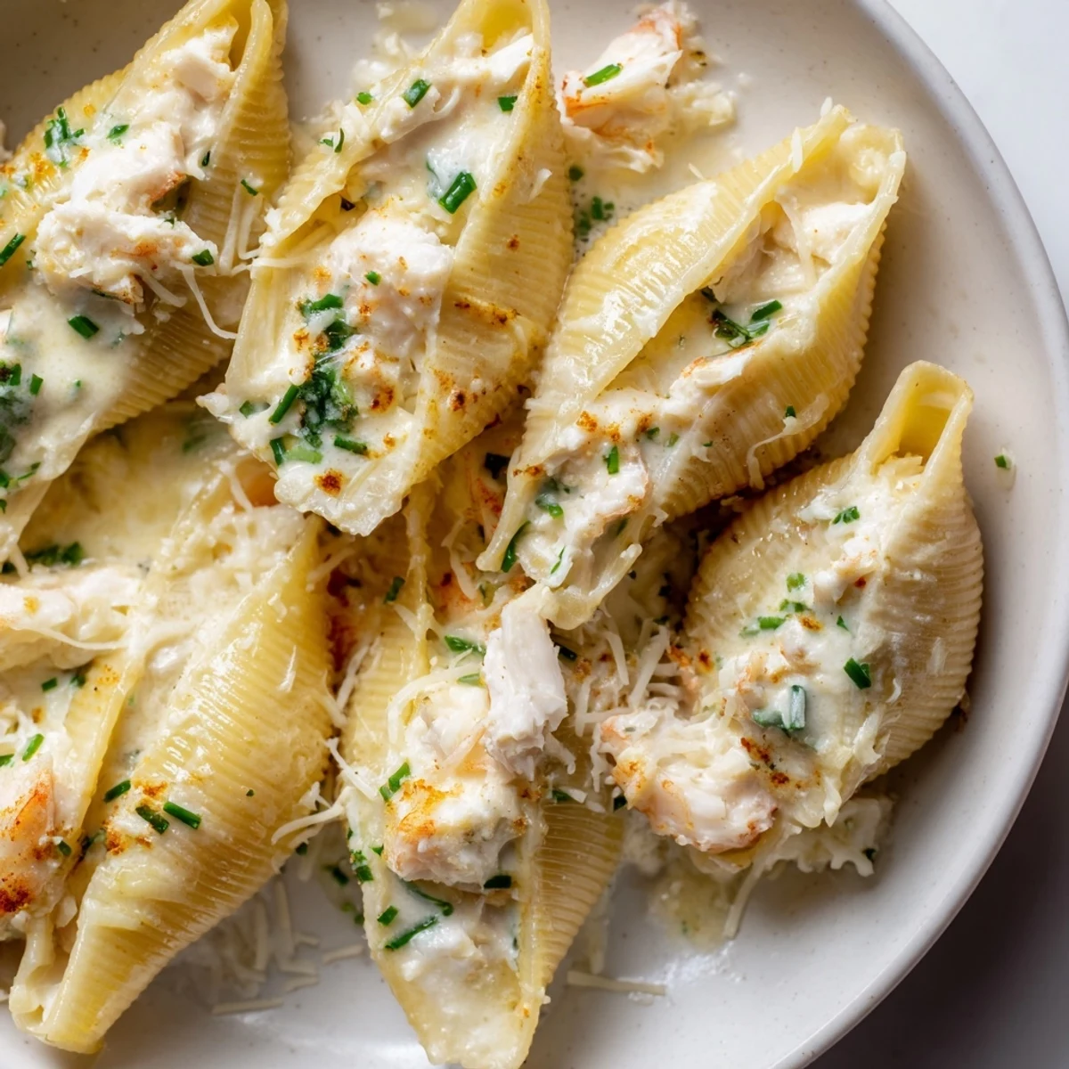 Creamy Seafood Stuffed Shells sit bubbly and golden in a baking dish, ready for a family-style Italian dinner.