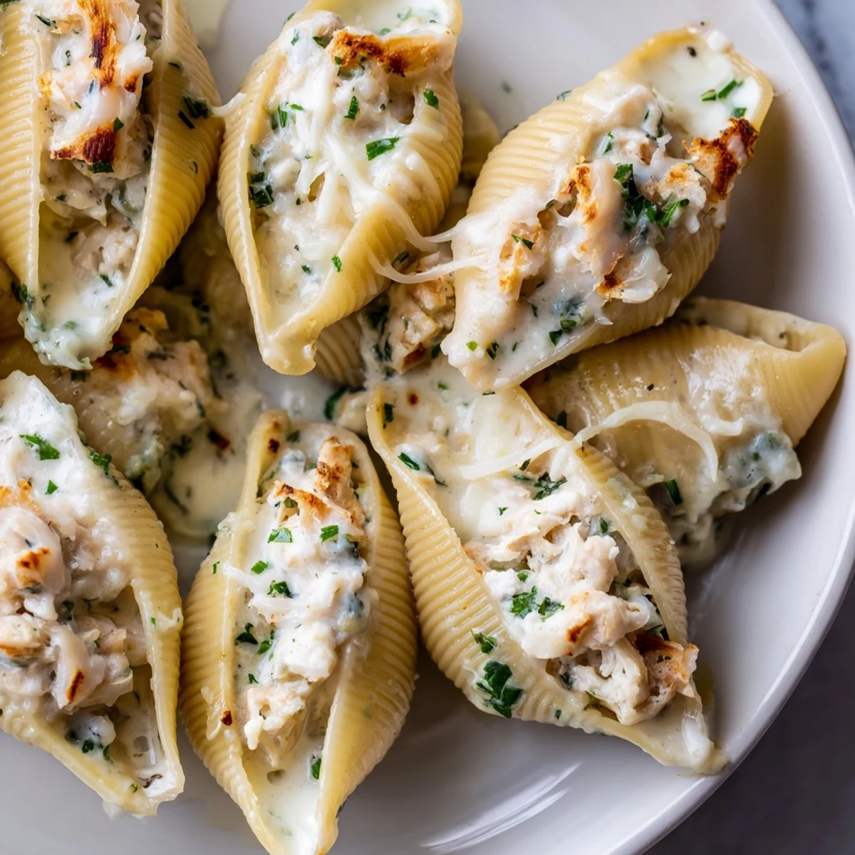 Jumbo pasta shells filled with creamy shrimp and crab, baked in white sauce and topped with melted cheese.