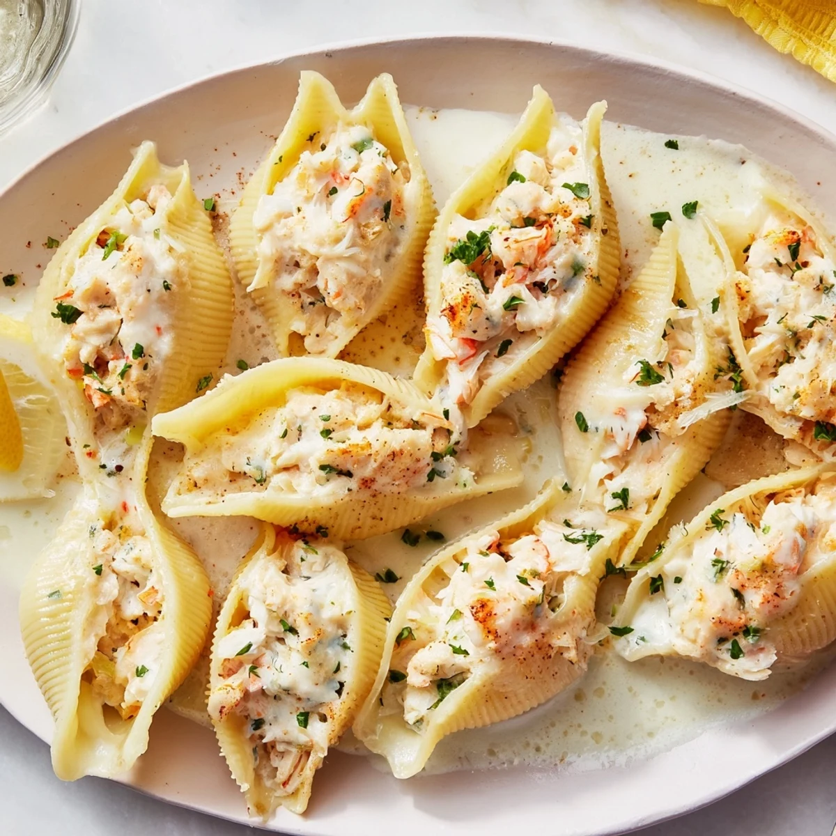 Fresh parsley and lemon zest garnish Creamy Seafood Stuffed Shells, highlighting the rich seafood and cheese filling.