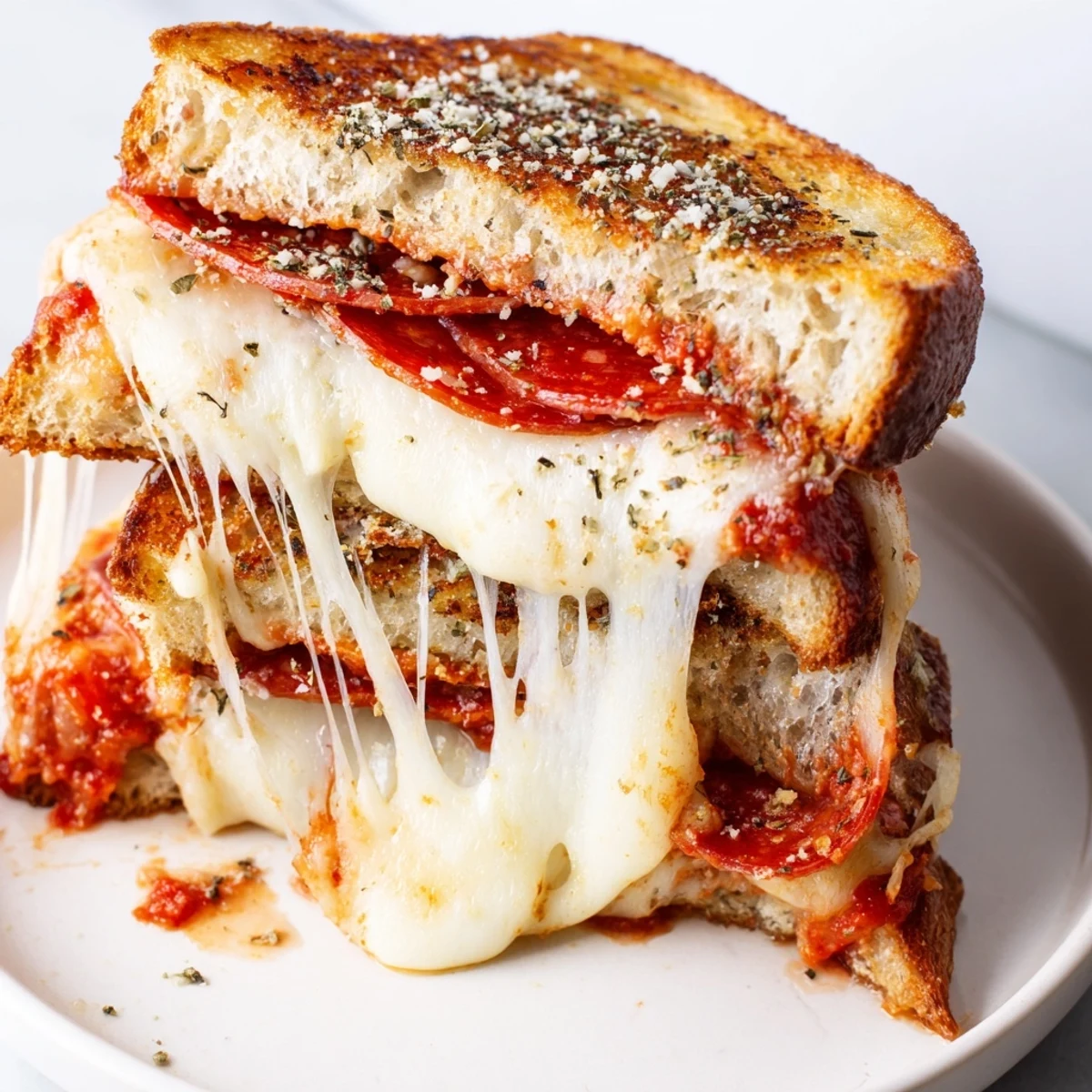 Two slices of golden-brown bread filled with melted mozzarella and pepperoni, showcasing the Pizza Grilled Cheese recipe.