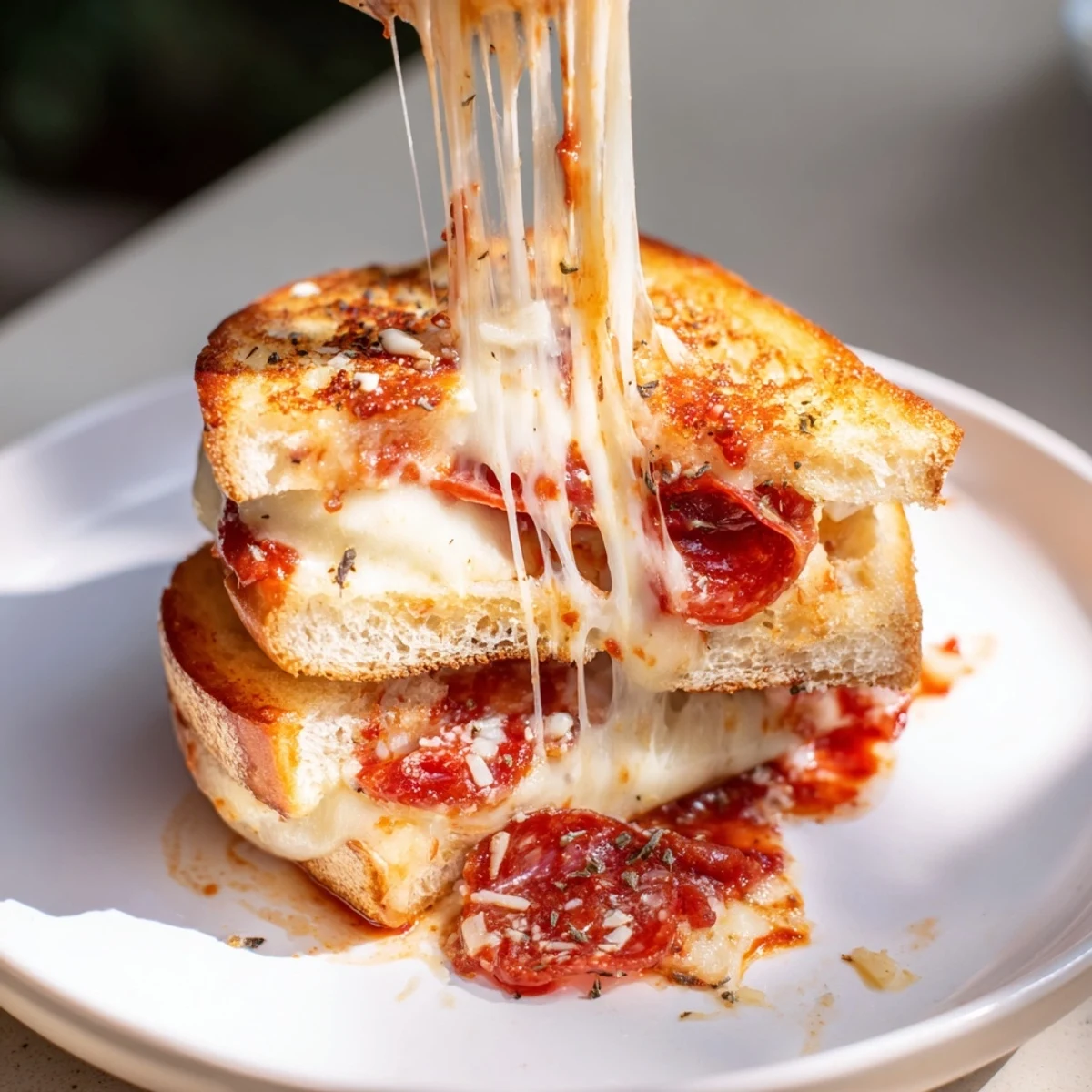 A close-up view of the Pizza Grilled Cheese sandwich, highlighting its gooey melted cheese and rich marinara sauce.