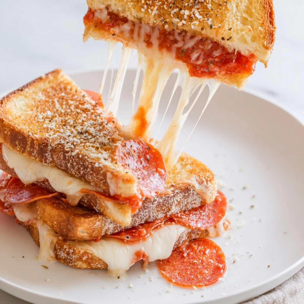 A sliced Pizza Grilled Cheese recipe photo revealing layers of savory toppings and melted cheese between toasted bread.