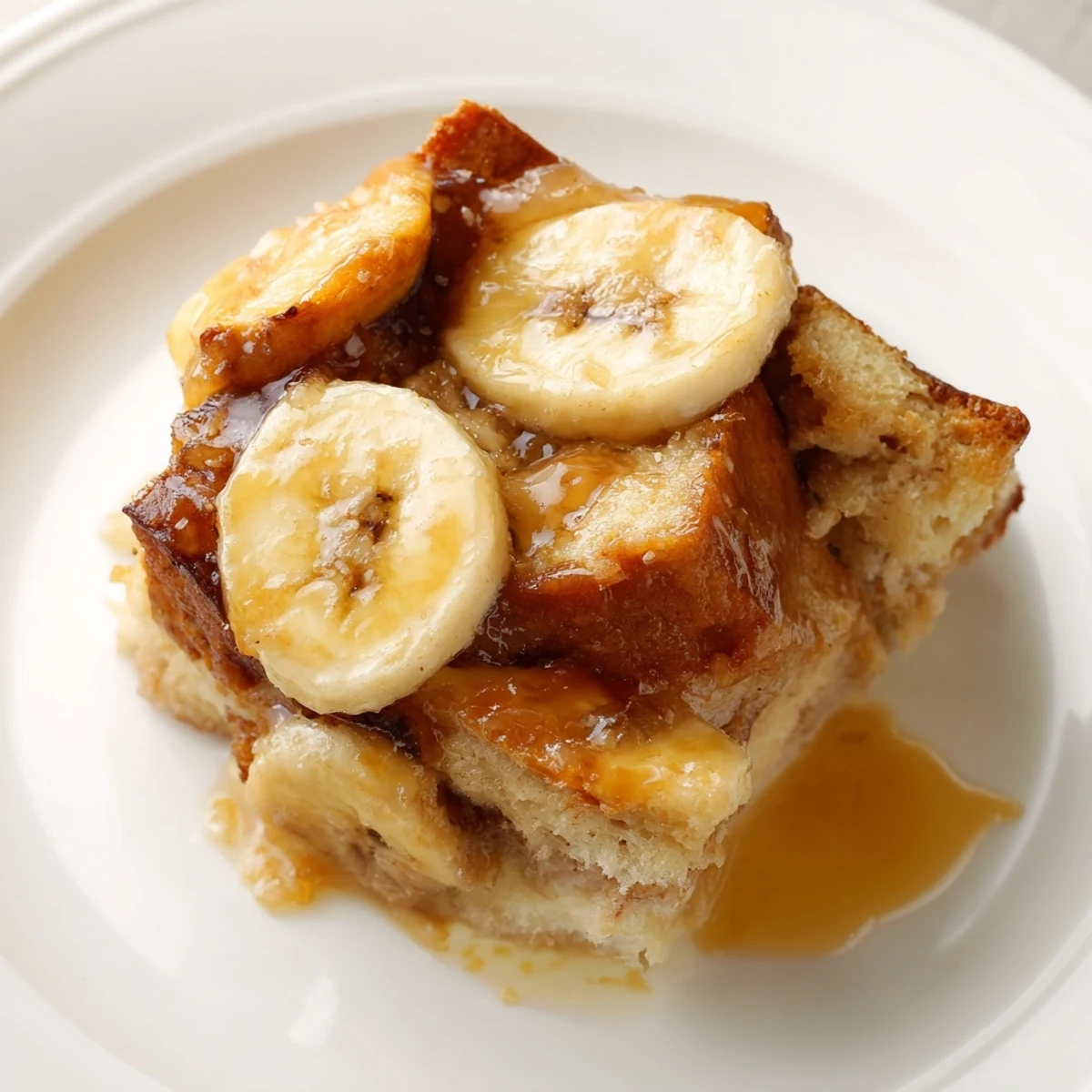 Creamy Bananas Foster Bread Pudding with caramelized bananas, rum sauce, and vanilla ice cream scooped on top.