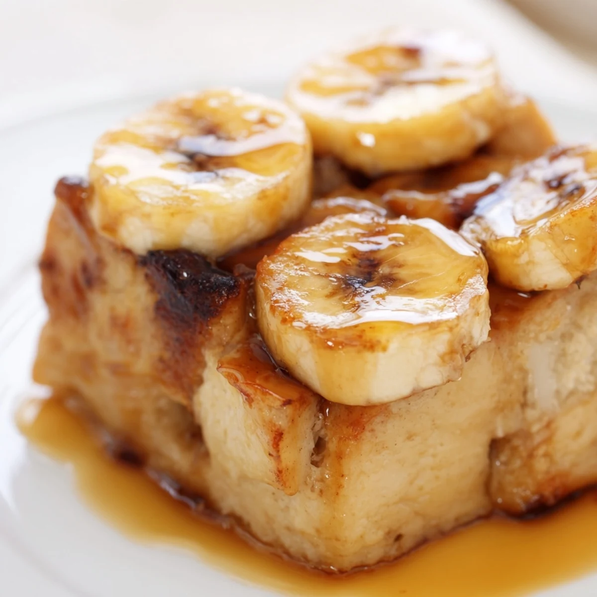 Warm slices of Creamy Bananas Foster Bread Pudding drizzled with rich buttery sauce and cinnamon.