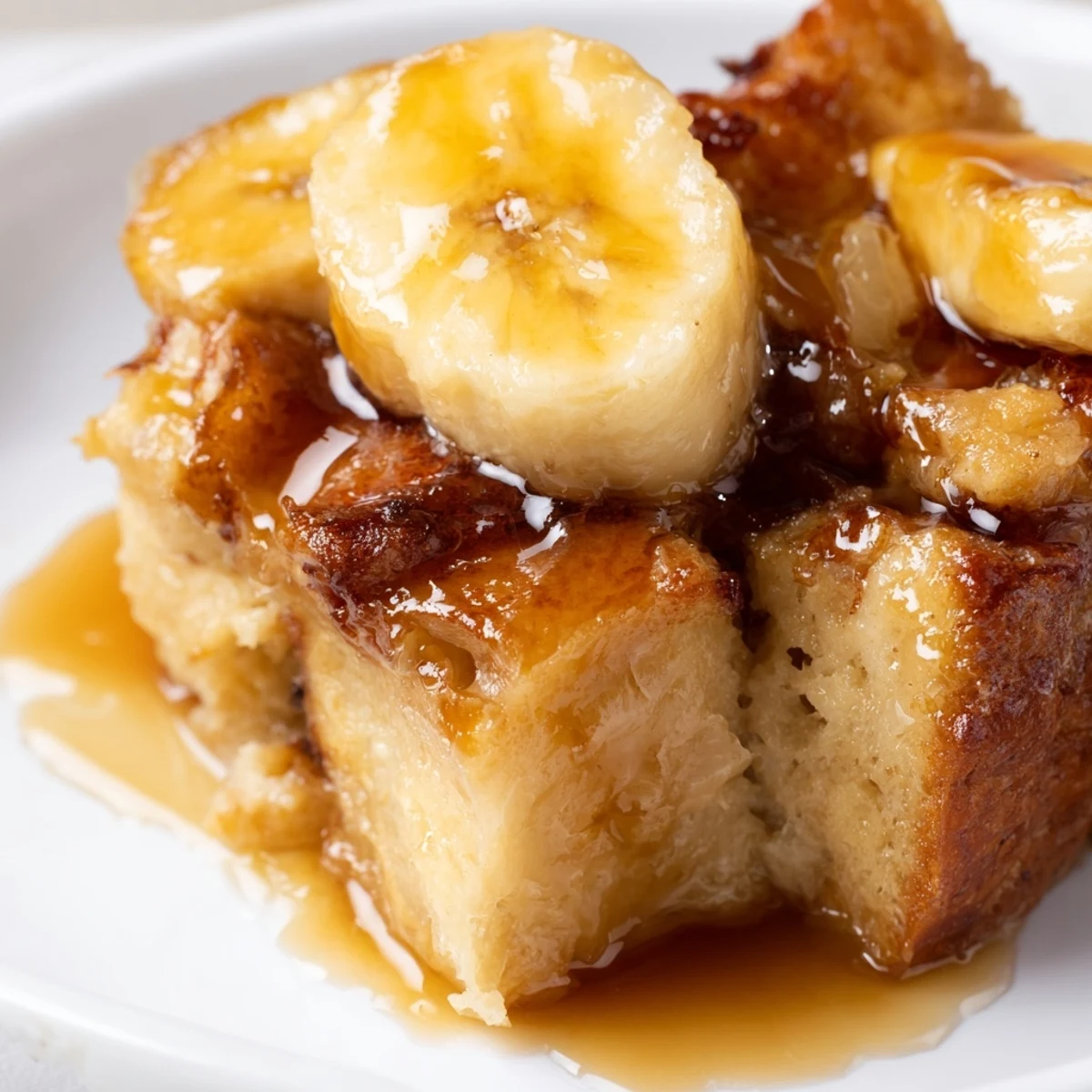 Fresh baked Creamy Bananas Foster Bread Pudding served in a dish with soft bread and ripe bananas.