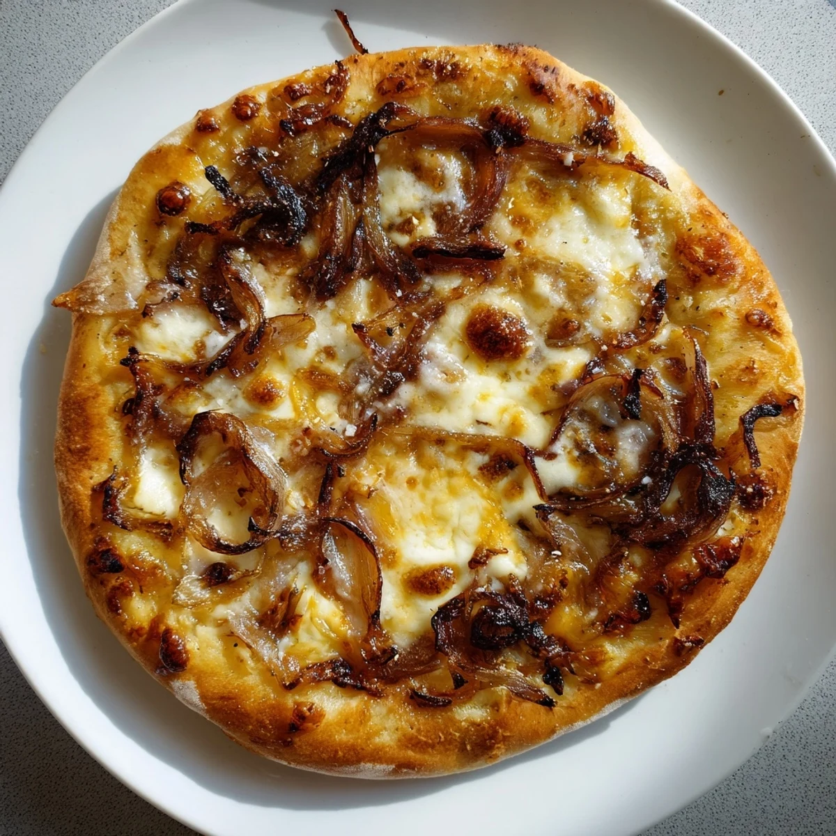 A close-up of Caramelized Onion Pizza With Melty Cheese featuring gooey cheese and thyme leaves on a rustic crust.