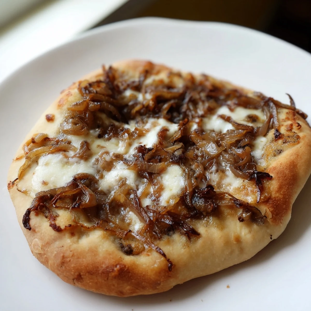 Golden caramelized onions and melted mozzarella topping a freshly baked Caramelized Onion Pizza With Melty Cheese on a wooden cutting board.