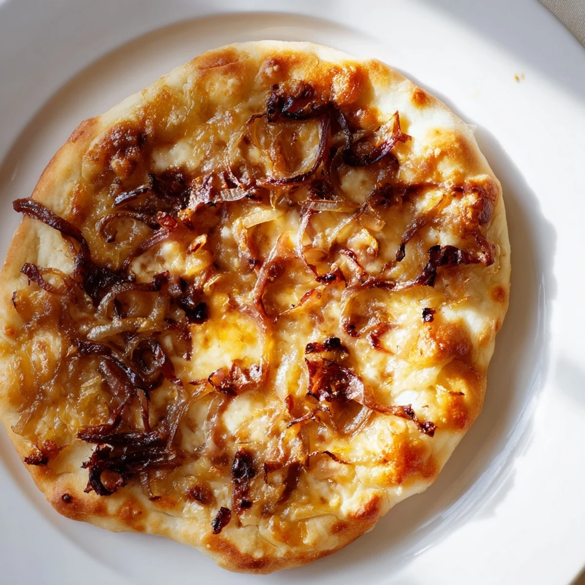 Freshly sliced Caramelized Onion Pizza With Melty Cheese served on a plate with a side salad for dinner.