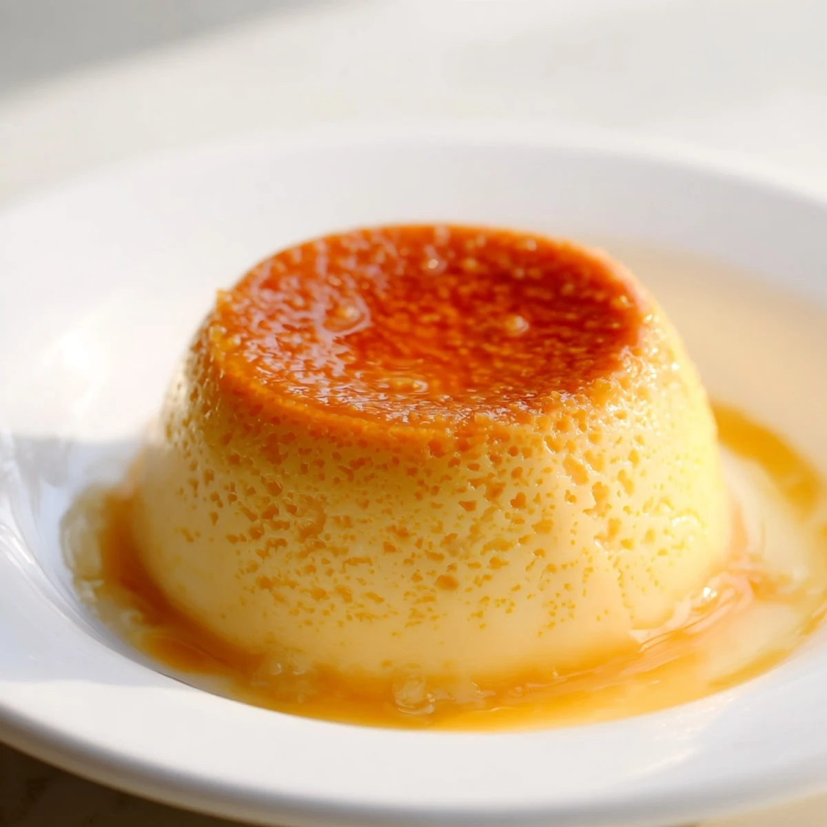 A close-up of Classic Baked Milk Pudding with a golden caramelized top served warm in a ramekin.