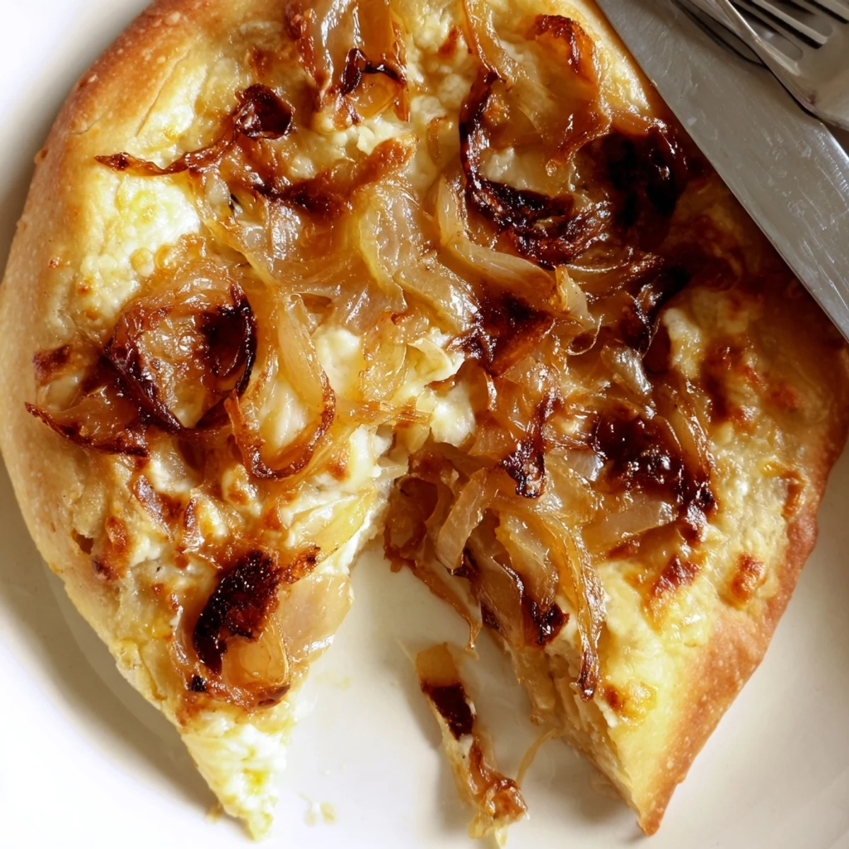 Close-up of a golden Caramelized Onion Pizza with Melty Cheese bubbling on a rustic wooden cutting board.