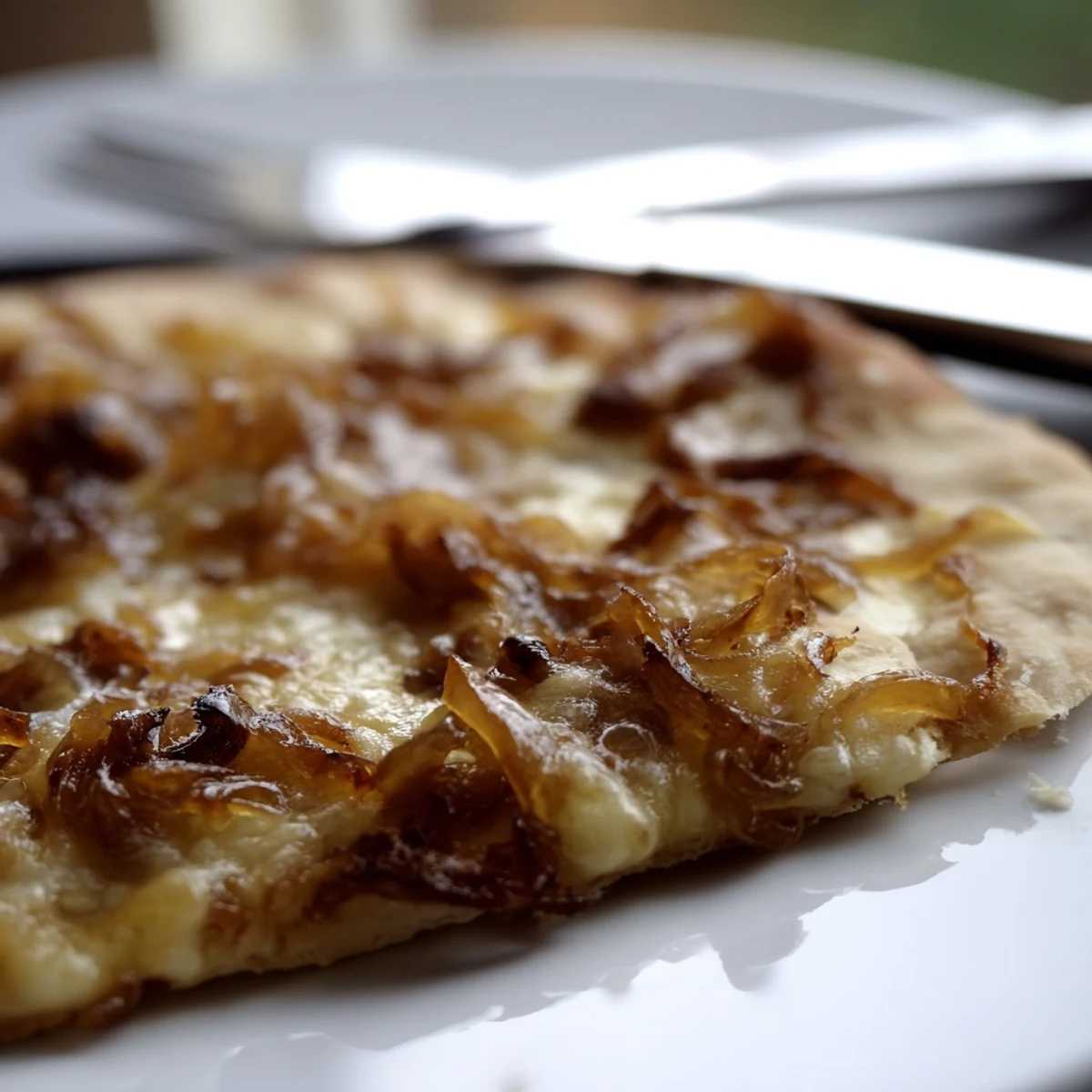 The Caramelized Onion Pizza with Melty Cheese is sliced to reveal the rich, savory toppings on a marble countertop.