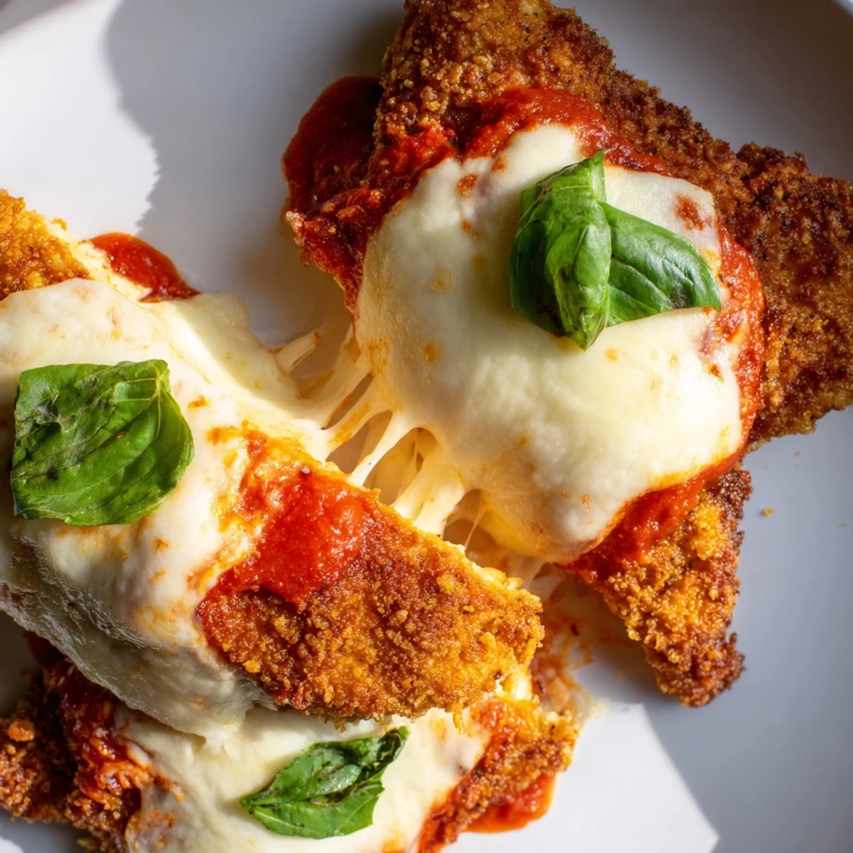 Golden fried chicken breasts topped with marinara sauce and melted mozzarella, garnished with fresh basil for a savory Chicken Parmesan Pizza.