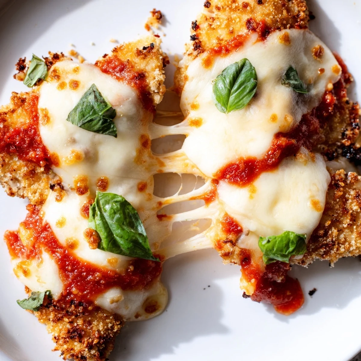 Close-up of crispy breaded chicken base covered in tangy tomato sauce, bubbly cheese, and red pepper flakes, perfect for a Chicken Parmesan Pizza dinner.