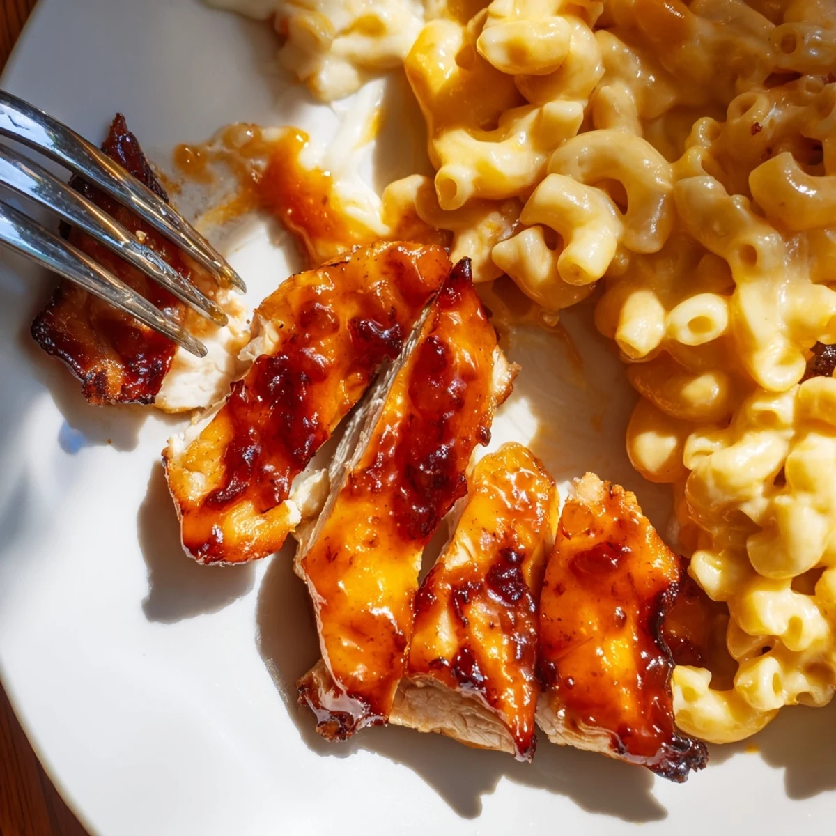 Golden-brown honey pepper glazed chicken rests beside creamy mac and cheese on a rustic plate.
