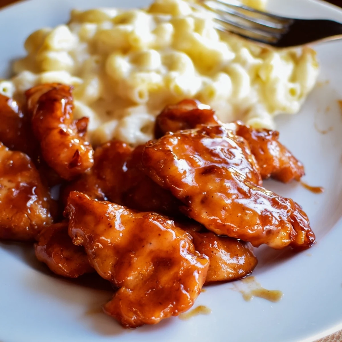 Tender juicy chicken coated in sweet and spicy honey pepper sauce with mac and cheese.