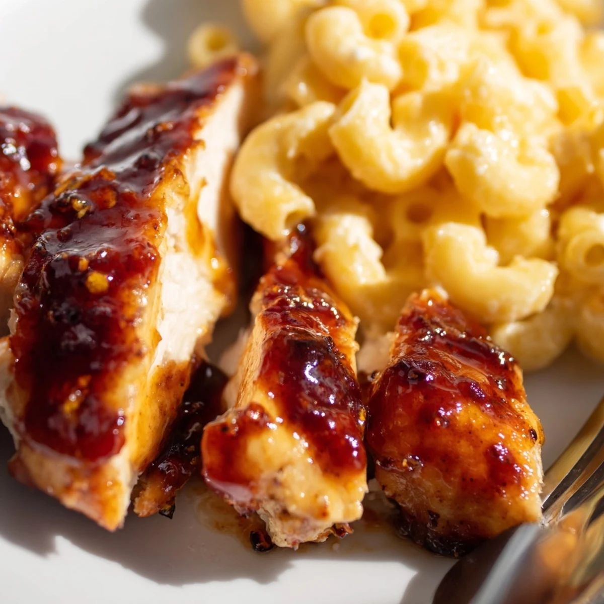 Comforting sweet and spicy honey pepper chicken with creamy mac and cheese served for dinner.
