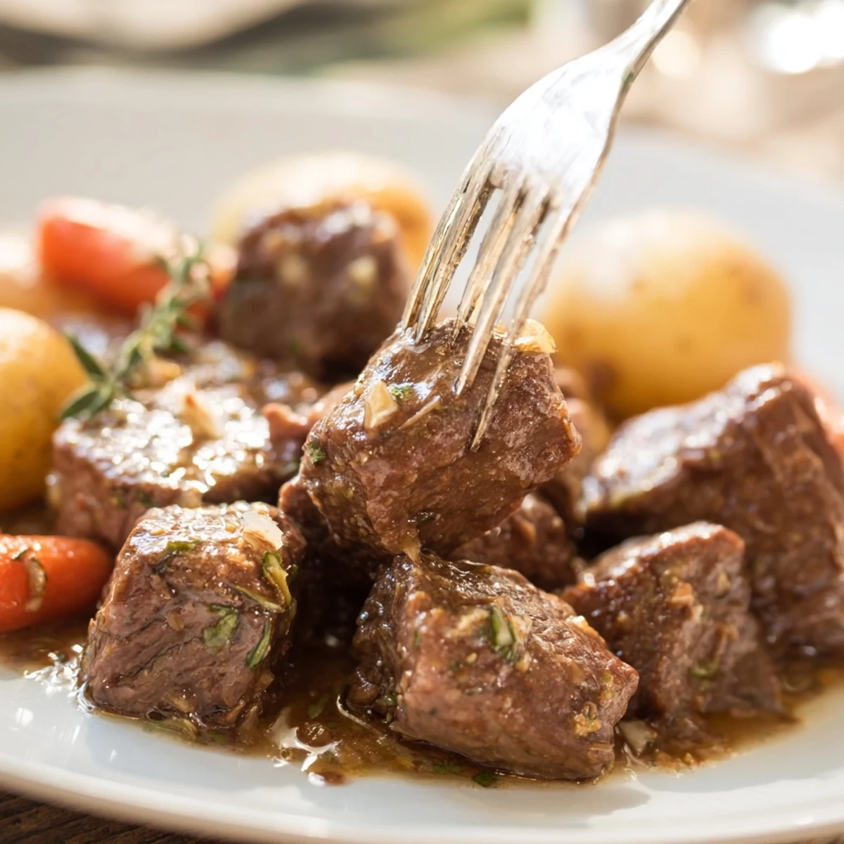 Golden brown beef cubes and halved baby potatoes in a slow cooker, coated in a rich garlic butter sauce with fresh thyme and rosemary for a comforting meal.