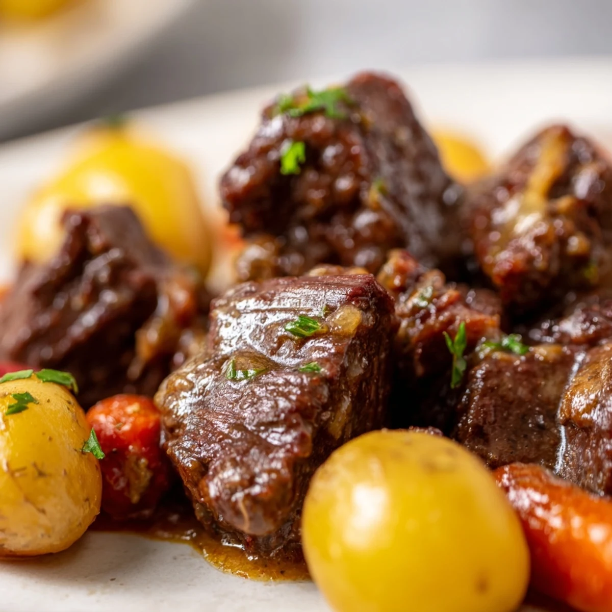 A close-up of Slow Cooker Garlic Butter Beef with Potatoes, featuring fork-tender beef and carrots in a glossy herb-infused sauce, ready to serve.