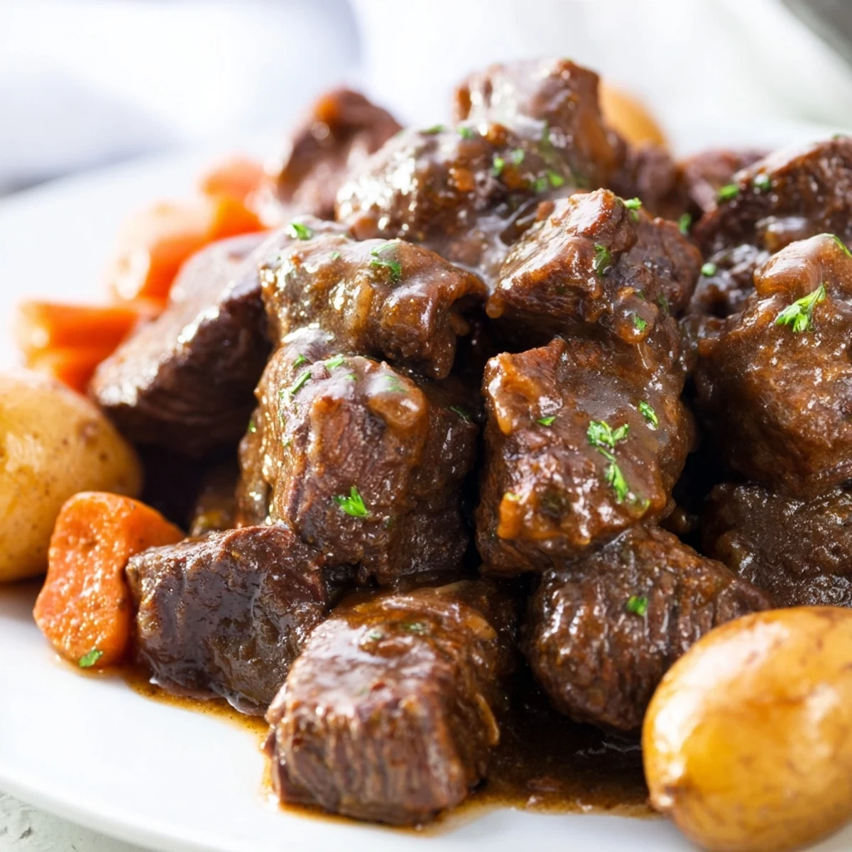 Fork-tender Slow Cooker Garlic Butter Beef with Potatoes served in a rustic bowl, garnished with parsley alongside crusty bread for soaking up the savory sauce.