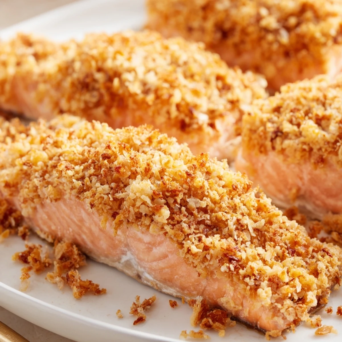 Succulent Crispy Parmesan Salmon Bake with a crunchy golden crust ready to serve hot.