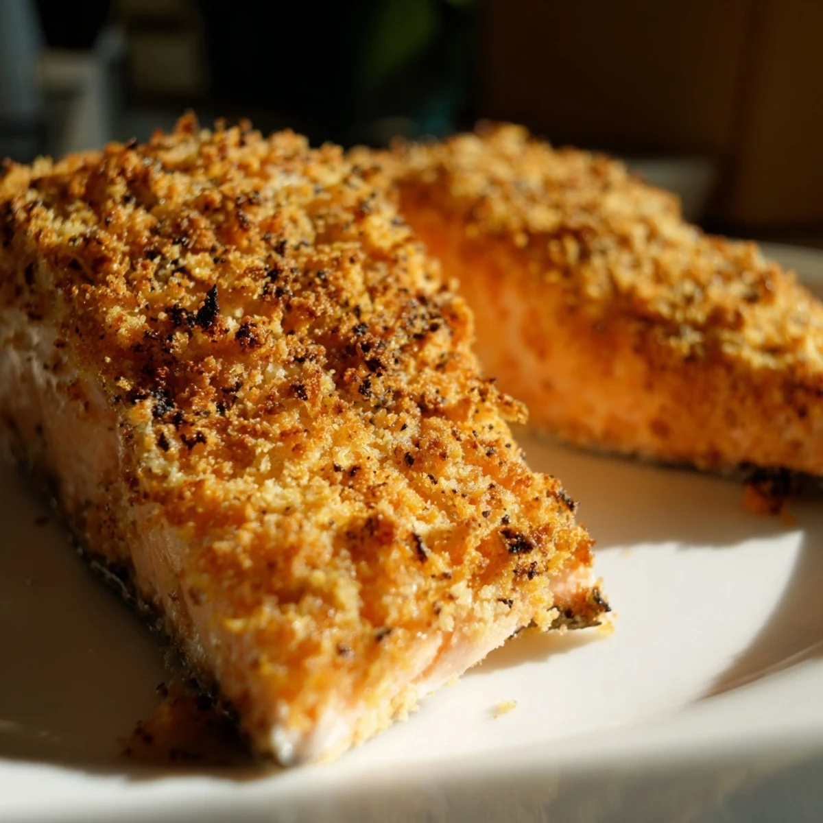 Freshly baked Crispy Parmesan Salmon Bake garnished with parsley and lemon wedges on a plate.
