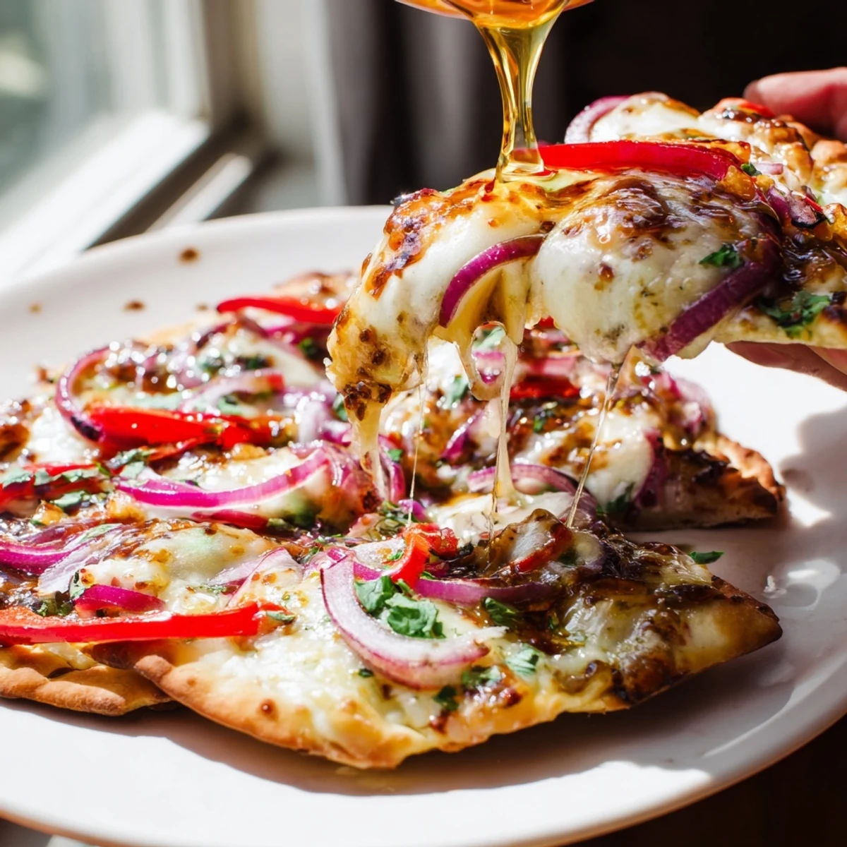 A close-up of Sweet Heat Honey Garlic Flatbread Pizza with melted mozzarella and red onion slices.